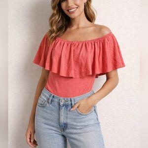 Zenana Outfitters Coral Off-Shoulder Ruffle Bodysuit NWOT